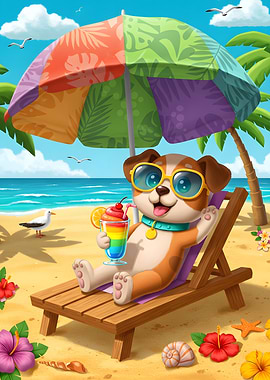 Cartoon Dog Relaxing on Beach