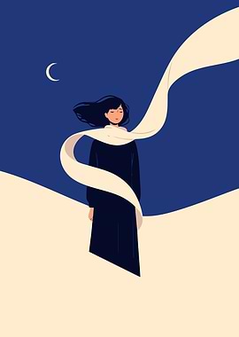 Scarf Woman and Night Moon Minimalist Art Illustration