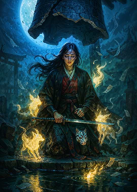 Samurai Spirit Guide Under Moonlight