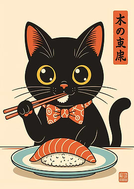 Cat eating sushi