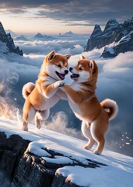 Two Shiba Inu Puppies Playing in Snow