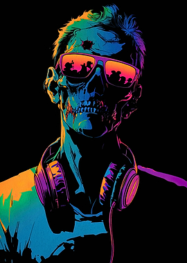 Neon Skull DJ with Headphones