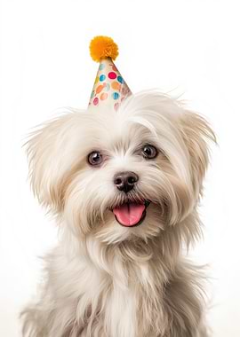 Happy Maltese dog with Birthday Hat