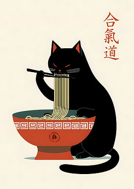 Japanese Cat Eating Ramen