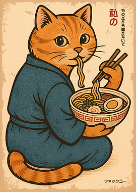 Cat Eating Ramen Japanese Art