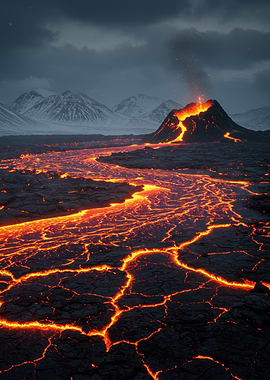 Volcanic Eruption with Lava Flow Landscape
