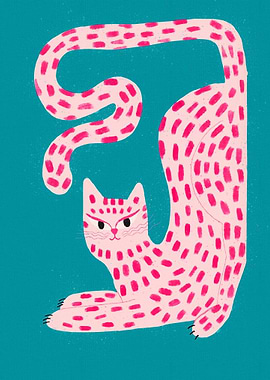 Pink Spotted Cat Illustration on Teal