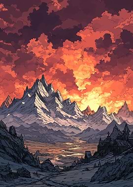 Mountain Landscape with Orange Sky