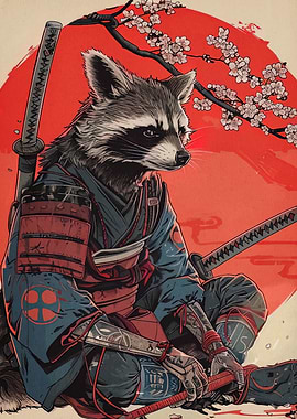 Samurai Raccoon with Katana and Cherry Blossoms