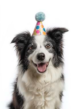 Happy Border Collie with Birthday Hat