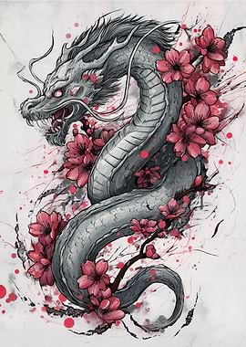 Dragon with Cherry Blossoms Illustration