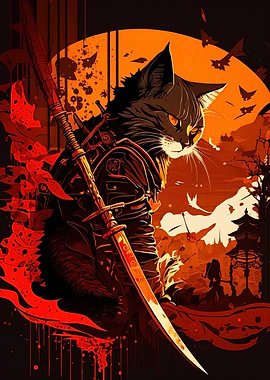 Samurai Cat with Sword and Armor
