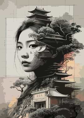 Asian Woman with Temple and Trees