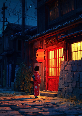 Japanese street scene with woman in kimono