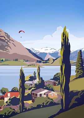 Scenic Mountain Lake Landscape Illustration
