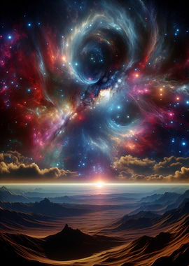 Cosmic Landscape with Mountains and Nebula