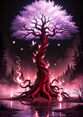 Mystical Tree with Butterflies and Flames