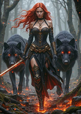 Warrior woman with wolves in forest