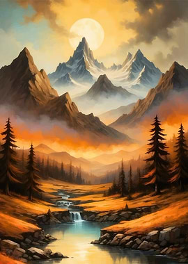 Mountain Landscape with River and Forest