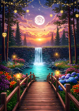 Enchanted Waterfall Landscape with Wooden Bridge