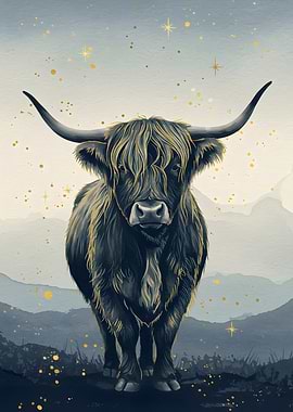 Highland Cow Watercolor with Gold Accents