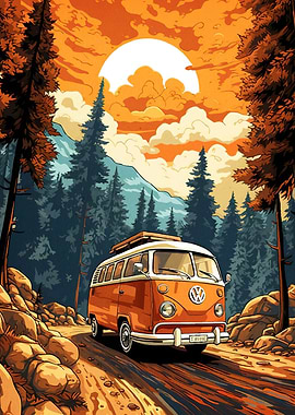 Orange VW Bus Forest Landscape