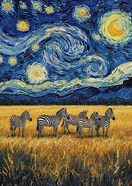 Zebras under a Starry Night Sky