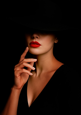 Woman in Hat with Red Lips