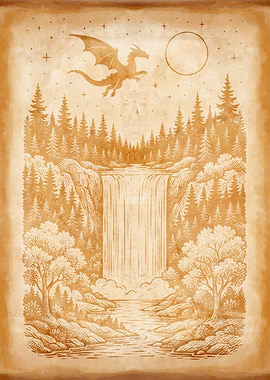 Fantasy Realms Parchment: Waterfall and Dragon