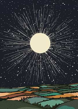 Starry Night Landscape with Radiant Light