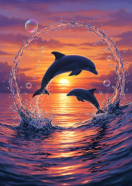 Dolphins Jumping at Sunset