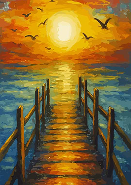 Sunset Pier Painting with Birds