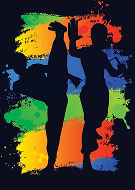 Martial Arts Silhouettes with Colorful Splashes