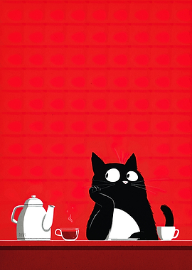 Pensive Cat with Tea
