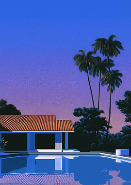80s House By The Pool At Dusk