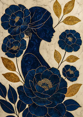 Blue Floral Woman Silhouette Art