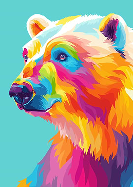 Colorful Bear Portrait on Teal Background