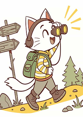 Cartoon Cat Hiker with Binoculars
