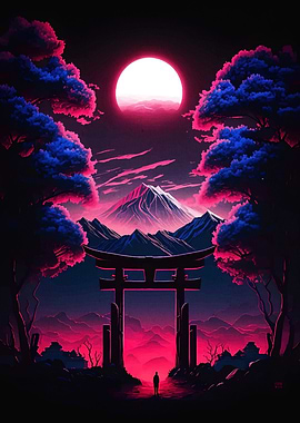 Japanese Torii Gate with Mountain View