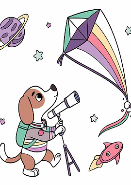 Dog Astronaut with Kite and Telescope