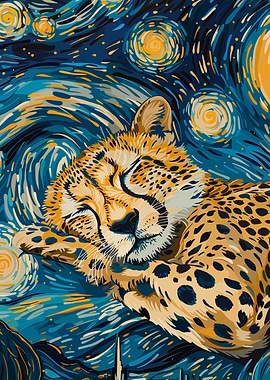 Cheetah Sleeping in Starry Night Style