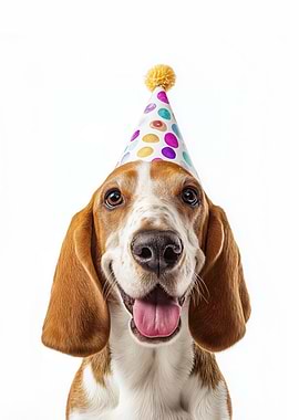 Basset Hound Dog with Party Hat