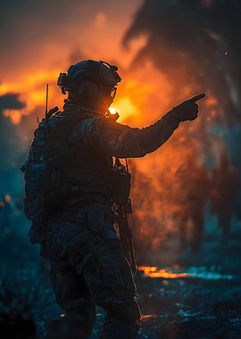Soldier Pointing in Fiery Battlefield