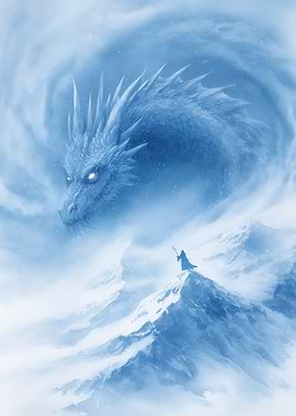 Ice Dragon and Wizard on Mountain