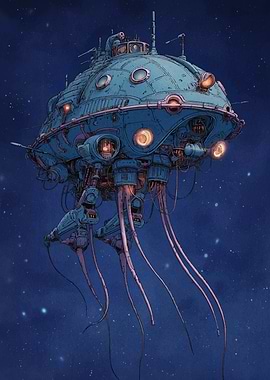 Steampunk Flying Machine in Starry Sky