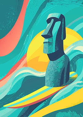 Moai Surfing Illustration