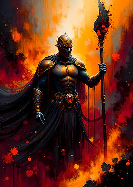 Armored Warrior with Staff in Fiery Realm