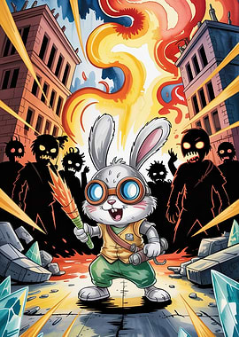 Cartoon Rabbit Hero in Apocalyptic City