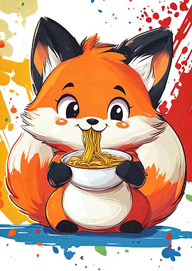 Cartoon Fox Eating Noodles Illustration