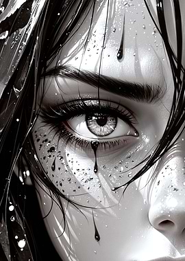 Monochrome Portrait with Tears and Rain